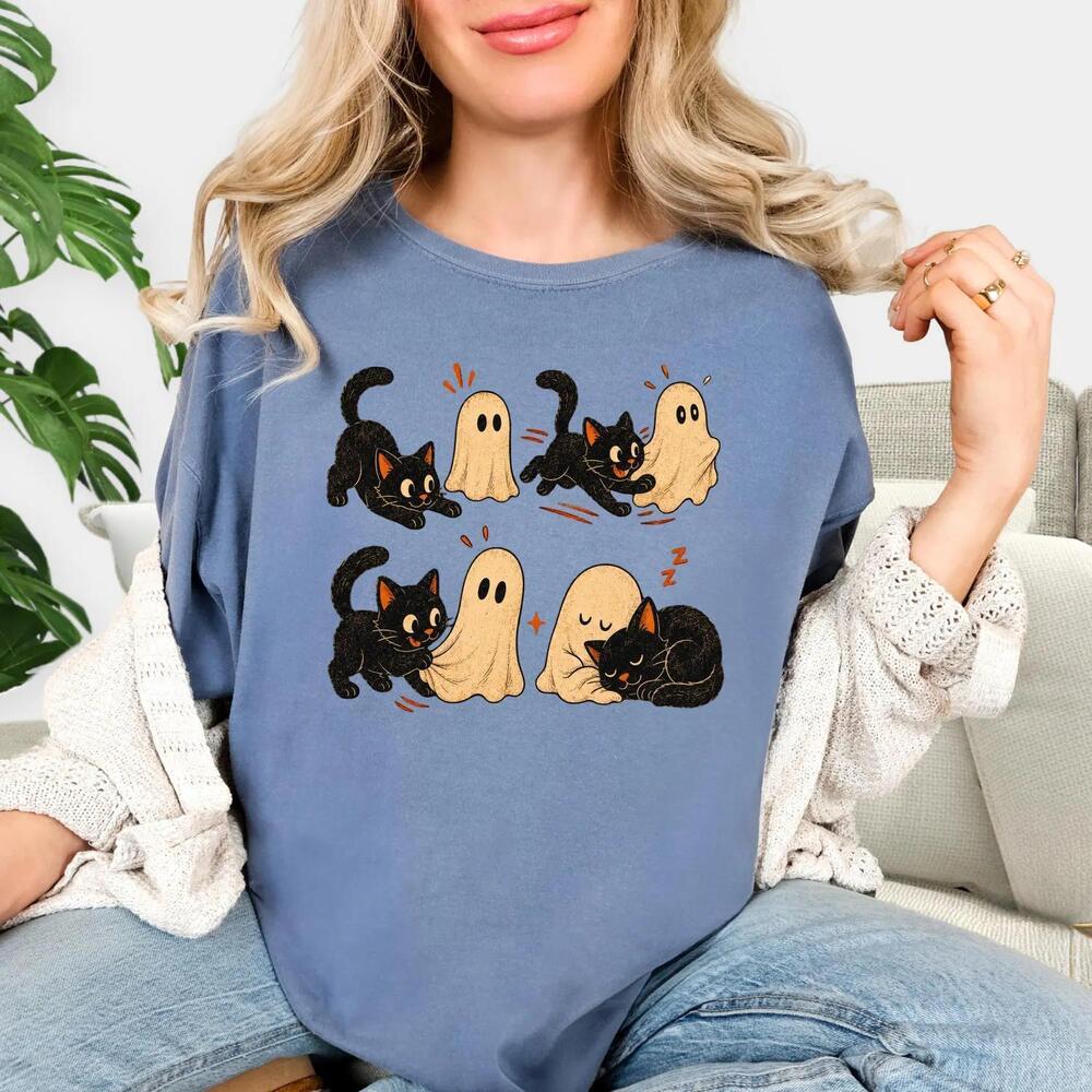 Black Cat And Ghost Halloween Shirt, S Tee, Gift